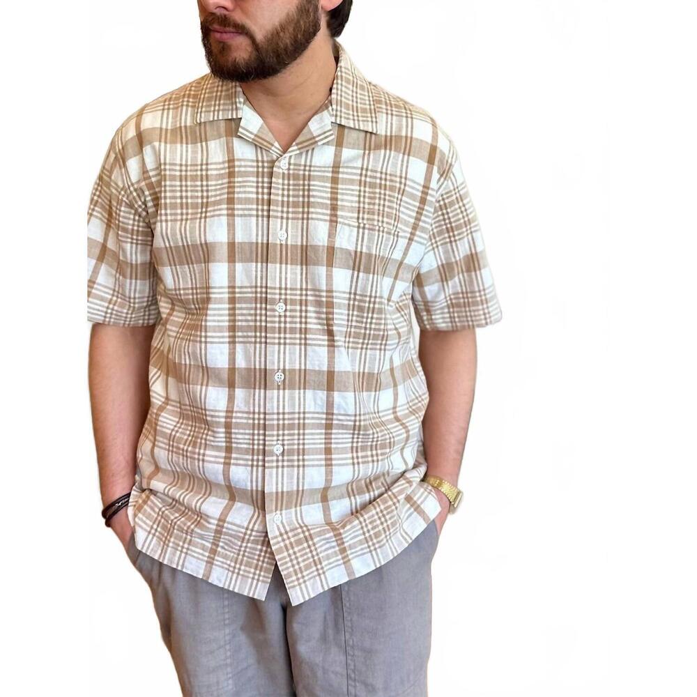 NEW ORIGINAL MADRAS TRADING COMPANY cuban short sleeve plaid shirt in tan